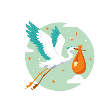 White stork carries an orange baby bundle in its beak flying across a green sky with stars and clouds, cheerful mood.のイラスト素材