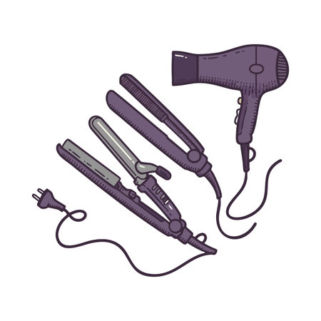 Illustration shows a hairdryer and three types of hair straighteners in purple tones for beauty and grooming purposes, creative and neat.のイラスト素材