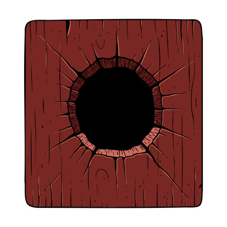 Vector illustration of a wooden plank with a cracked hole in the center revealing dark empty space, featuring rustic textures and sharp cracks, dramatic mood.のイラスト素材