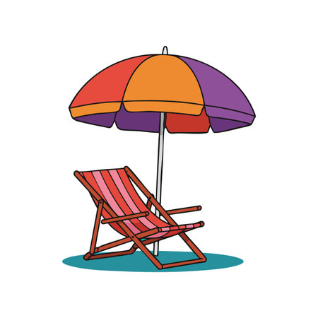 Vector image of a colorful beach umbrella with red, orange, and purple panels alongside a red-striped wooden deck chair on sand. Relaxing mood.のイラスト素材