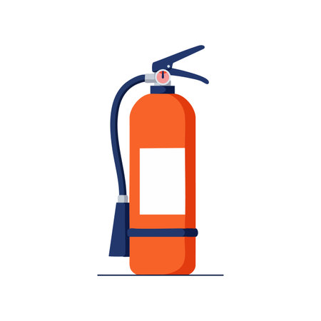 This vector image shows a red fire extinguisher with black hose and handle used for emergency fire safety and prevention in a clean design style. Calm.のイラスト素材