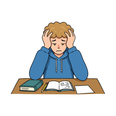 Young man wearing blue hoodie stressed while studying at desk with open book and pencil, showing pressure and anxiety in education setting, thoughtful mood.のイラスト素材