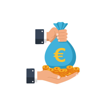 Illustration shows two hands holding a blue euro money bag and gold coins symbolizing financial wealth and investment in a clear style. Calm.のイラスト素材