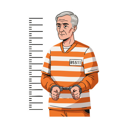 Illustration shows elderly man prisoner wearing orange striped uniform and handcuffs standing next to height chart in calm mood.のイラスト素材
