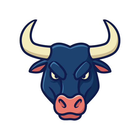 This vector shows a bulls head with dark blue fur, beige horns, and pink nose, displaying a fierce and intimidating expression. Bold design, energetic mood.のイラスト素材
