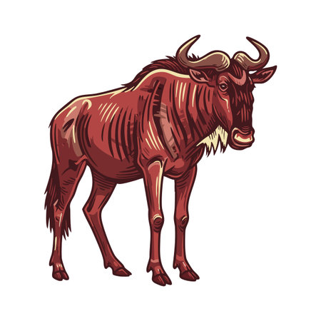 Detailed vector shows wildebeest standing alone with expressive features in natural pose, capturing wild animal essence in sharp style. Calm mood.のイラスト素材