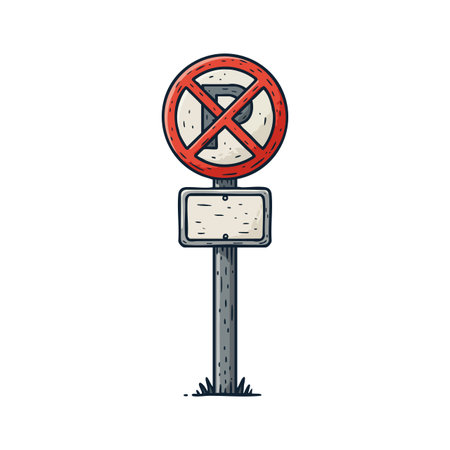 This vector illustration shows a no parking traffic sign with a blank information board mounted on a post with grass, promoting urban road safety in a clean style, calm mood.のイラスト素材