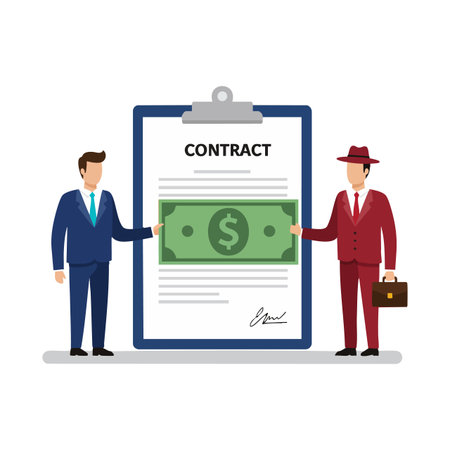 Two businessmen in formal suits exchange a dollar bill while signing a contract on a clipboard in this clear, professional vector illustration. Corporate mood.のイラスト素材