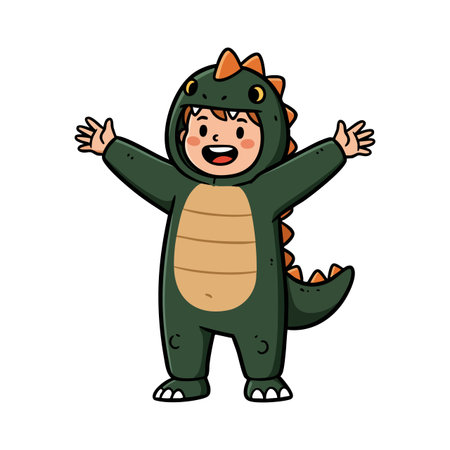 Illustration shows a cheerful child in a green dinosaur costume with open arms and smiling face, expressing joy and playfulness. Cheerful mood.のイラスト素材