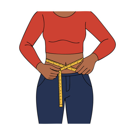 Woman uses a yellow tape measure around her waist wearing a red top and blue pants in a minimal vector style, depicting health awareness. Calm mood.のイラスト素材