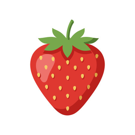 This vector illustration features a fresh red strawberry with green leaves and yellow seeds in a simple style, evoking a bright and cheerful mood.のイラスト素材