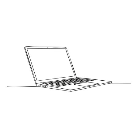 Vector line art of a laptop computer with an open screen and keyboard shown in perspective view, representing technology and work concepts, simple and clean style, professional mood.のイラスト素材