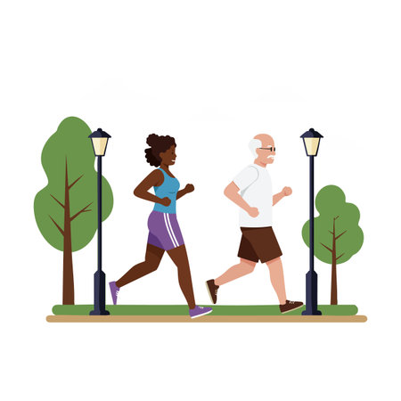 Senior man and young woman jog side by side outdoors in a park with trees and street lamps, promoting fitness and health, energetic mood.のイラスト素材