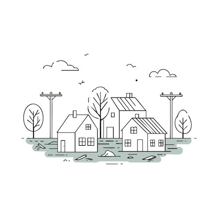 Vector illustration shows simple houses surrounded by bare trees and utility poles under cloudy sky in peaceful village setting, tranquil mood.のイラスト素材