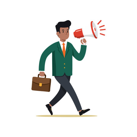 Illustration shows a confident businessman walking while holding a briefcase and speaking through a megaphone, conveying leadership and communication. Energetic mood.のイラスト素材
