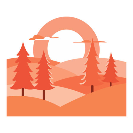 This vector shows an orange sunset with stylized pine trees and rolling hills in a minimalist design, emitting a calm and warm mood.のイラスト素材