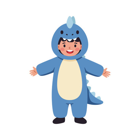 This vector shows a smiling child dressed in a blue dinosaur costume with tail and spikes, standing with arms open in a cheerful pose. Playful mood.のイラスト素材
