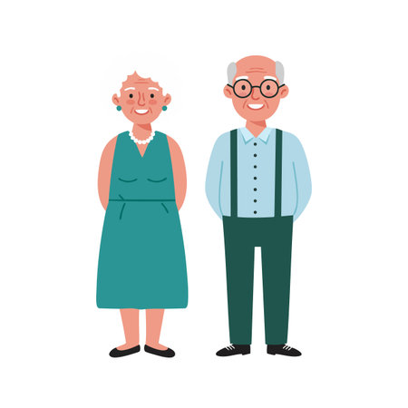 Illustration of an elderly couple standing side by side, smiling warmly and dressed in comfortable clothing, conveying family and warmth mood.のイラスト素材