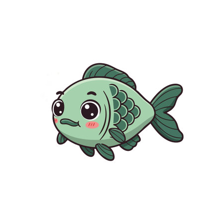 This vector illustration shows a cute green fish with big eyes and scales, designed in a cartoon style, evoking a playful and friendly mood.のイラスト素材