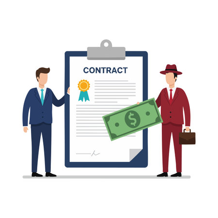 Two businessmen stand next to a large contract with a money bill floating, symbolizing agreement and financial transaction, in a corporate setting. Professional mood.のイラスト素材