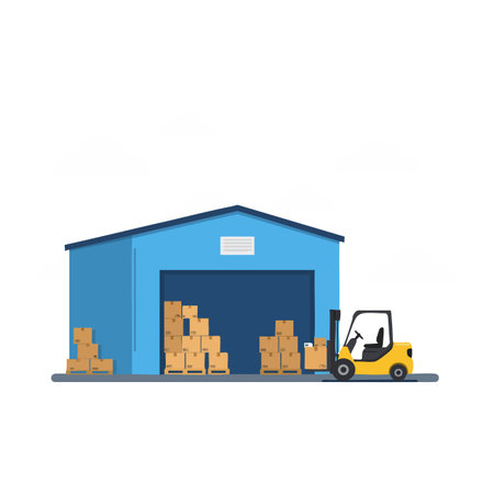 Vector shows forklift loading cardboard boxes into a blue warehouse building with stacked packages on ground, conveying logistics and industry atmosphere. Calm.のイラスト素材