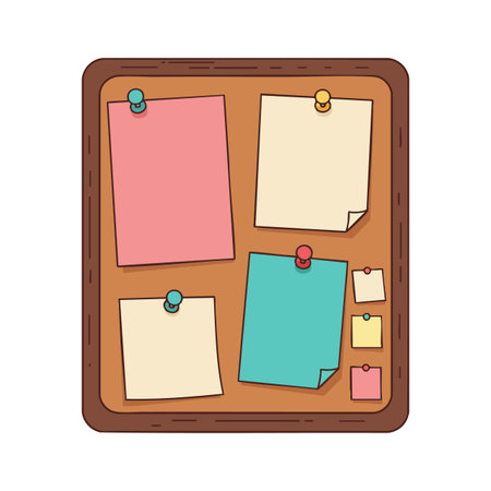 Vector illustration of cork bulletin board with various colorful pinned notes and reminders for organizing tasks and planning. Clean and cheerful.のイラスト素材