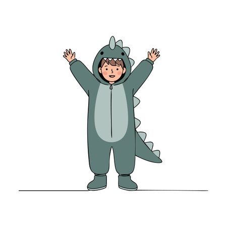 Young child stands with arms raised wearing a dinosaur costume, showing playful and joyful mood in a fun setting. cheerfulのイラスト素材