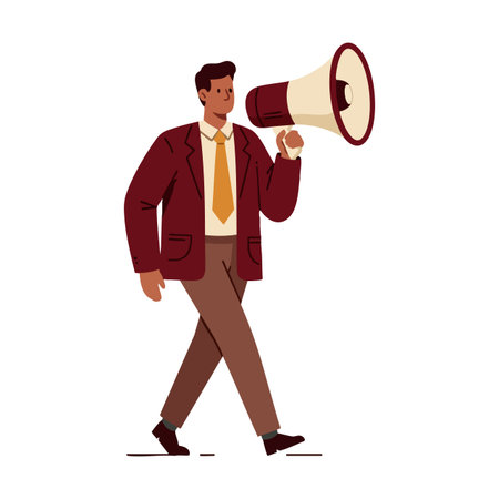 Illustration shows a man in brown suit and yellow tie walking while holding a megaphone, symbolizing communication and announcement, with a confident mood.のイラスト素材
