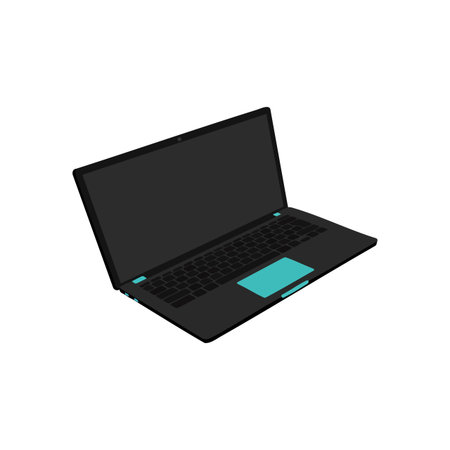 This vector shows a black laptop with a turquoise touchpad, open and ready for use, representing modern technology and work. Clean design, professional mood.のイラスト素材