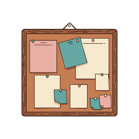 Vector illustration shows a wooden bulletin board with various pinned notes and papers arranged for reminders and organization, simple and clear design.のイラスト素材