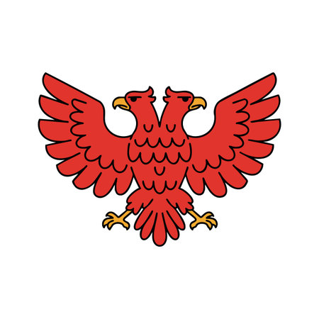 Vector image of a red two-headed eagle with spread wings and yellow beaks, representing strength and vigilance, in a clear design style.のイラスト素材