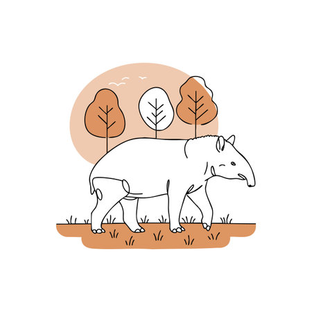 Vector shows a tapir walking among autumn trees with brown and white foliage, minimalistic style with warm colors, calm atmosphere.のイラスト素材