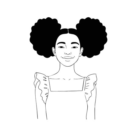 Vector illustration of a young girl with afro hair smiling confidently in a ruffled sleeveless dress, expressing calm and positive mood.のイラスト素材