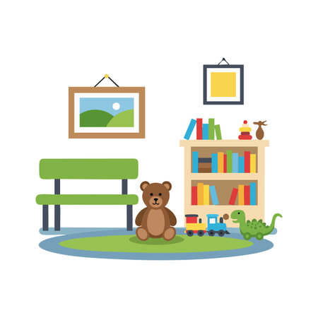 Vector image shows a children's playroom with a teddy bear, toy train, dinosaur, bookshelf, and green bench creating a cozy mood.のイラスト素材