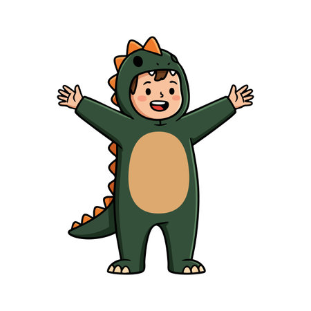 Child stands with arms wide open wearing a green and orange dinosaur costume showing joy and excitement in a charming pose. Cheerful mood.のイラスト素材