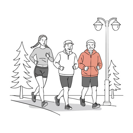 Three people jog together on a park path next to pine trees and a street lamp in a calm outdoor scene. The mood is energetic and healthy.のイラスト素材