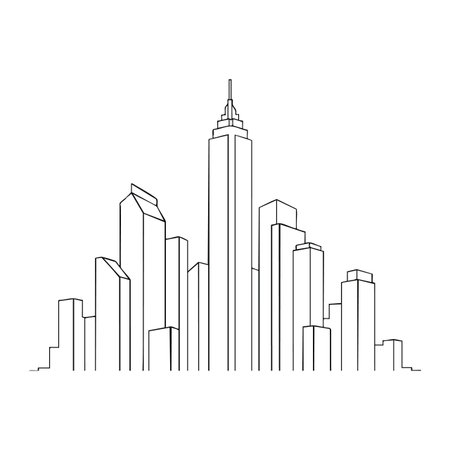 Vector line art showing a modern city skyline with various skyscrapers and urban buildings in a clean minimalist style. Calm and structured.のイラスト素材