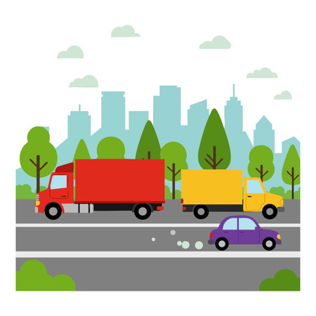 Vector image shows two delivery trucks and a small car driving on a city road with trees and buildings under a cloudy sky, cheerful mood.のイラスト素材