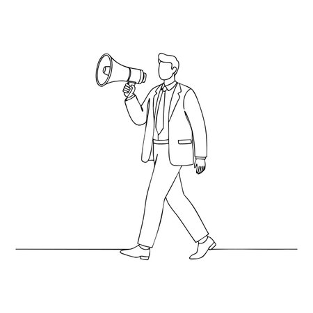 Illustration shows a businessman walking and holding a megaphone, representing communication and announcement, in clean line art style. Calm mood.のイラスト素材
