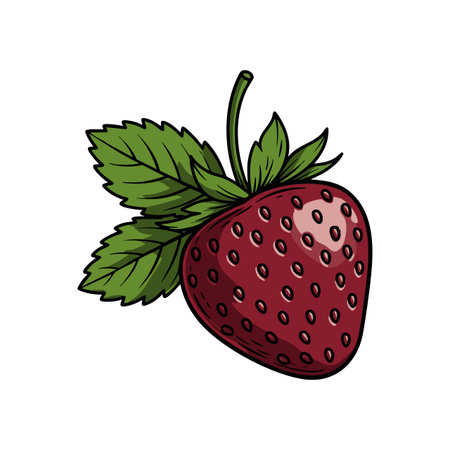 Illustration shows a ripe red strawberry with green leaves and stem, rendered in detailed vector style, conveying freshness and nature. Cheerful.のイラスト素材