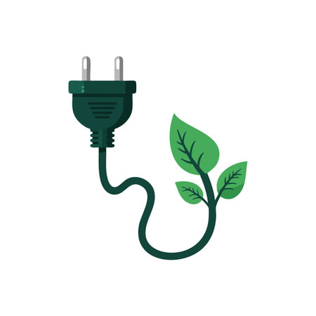 Vector image of an electric plug with green leaves representing eco friendly energy and nature conservation in a clean modern style, inspiring.のイラスト素材