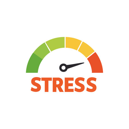 Vector illustration showing a stress meter gauge with needle pointing to high stress level in red zone, conveying tension and anxiety mood.のイラスト素材