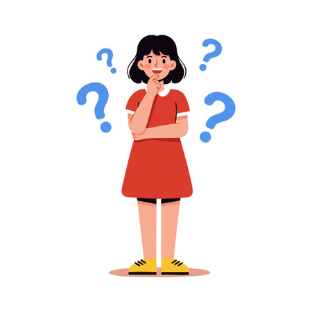 Illustration of a young girl in a red dress pondering with question marks around her, depicting confusion and curiosity, calm mood.のイラスト素材