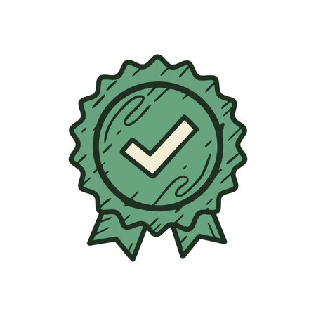 Illustration of a green award ribbon with a check mark symbol representing approval and certification in a clean, simple style. Positive mood.のイラスト素材