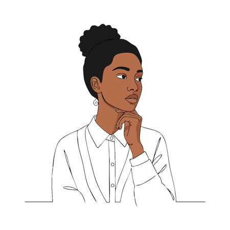 Illustration shows a woman with dark hair in a bun wearing a white shirt, holding her chin thoughtfully in a calm mood.のイラスト素材