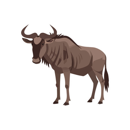 Wildebeest stands calmly showing detailed body features in brown shades, representing wild nature and savanna wildlife, natural and serene mood.のイラスト素材