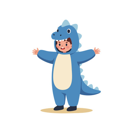 Child stands with arms open wearing a blue dinosaur costume, smiling joyfully in a playful and cheerful mood.のイラスト素材
