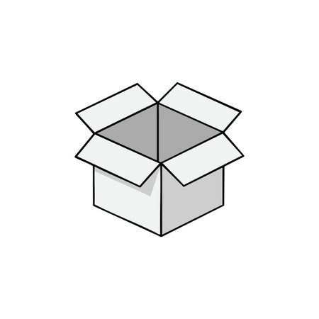 Vector image shows an open cardboard box with flaps unfolded in a simple black and white style, evoking packaging and storage, minimal and clear mood.のイラスト素材