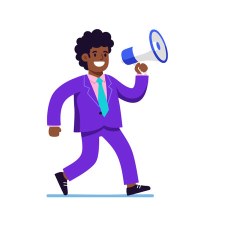 Illustration shows a smiling businessman in purple suit walking and speaking into a megaphone, symbolizing promotion, communication, and leadership mood.のイラスト素材