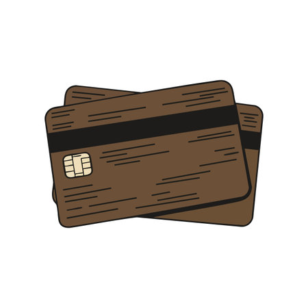 Illustration shows brown credit cards with chip and magnetic stripe representing secure digital payment and financial transaction concept in vector style. modernのイラスト素材
